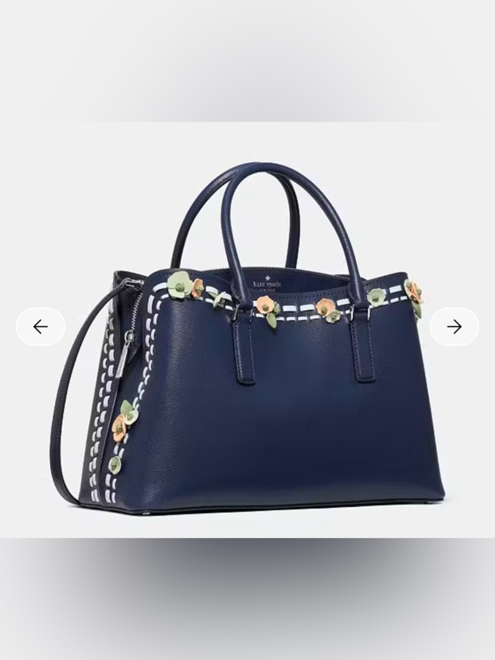 kate spade navy leather satchel with pastel floral appliqués